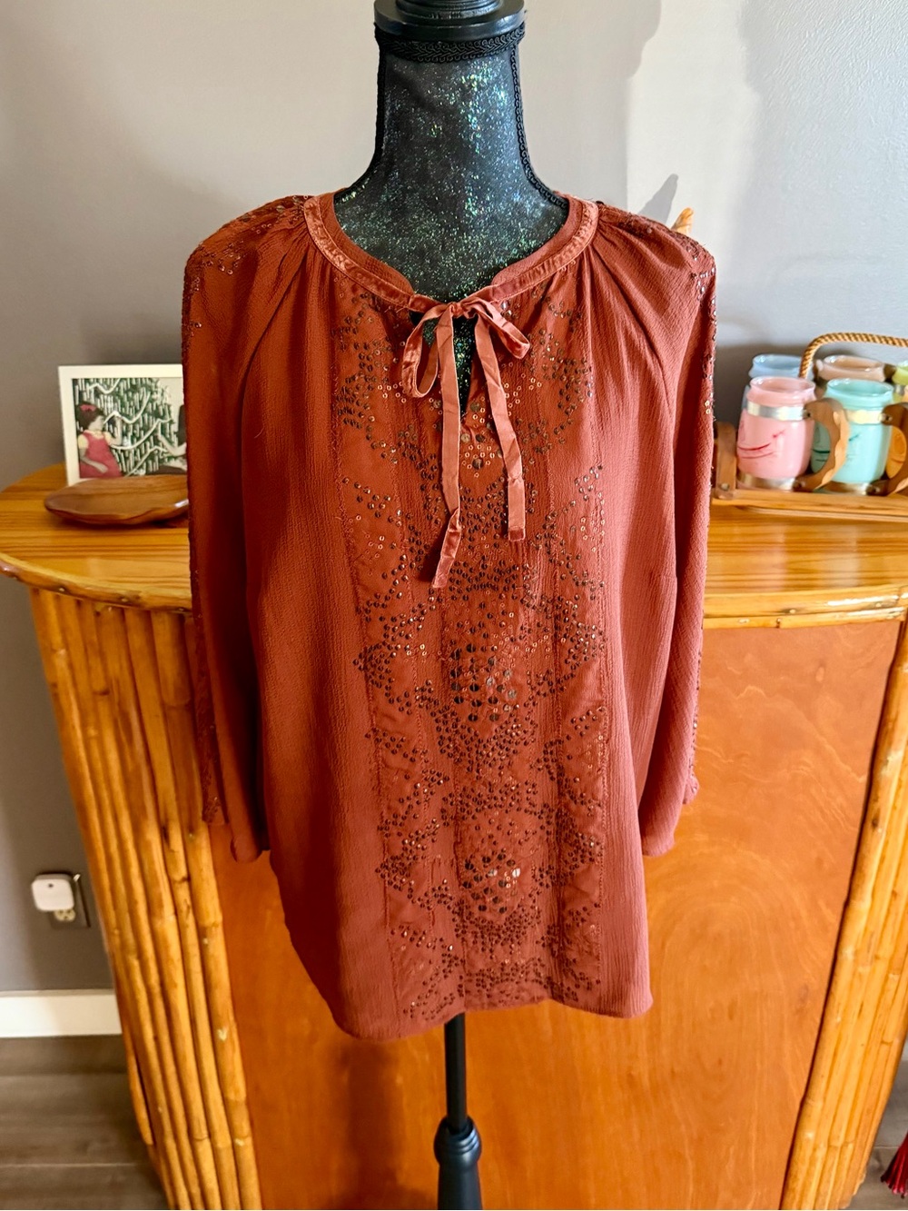 Chico's Crinkled Texture Sequins Blouse in Rust - Picture 3 of 13